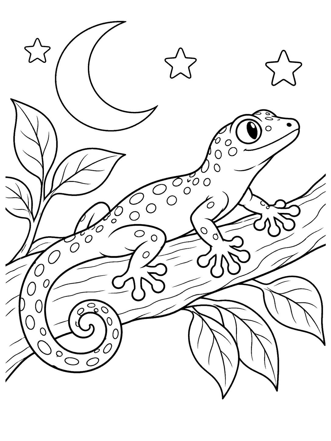 A spotted gecko with a curled tail and clear toe pads resting on a leafy branch beneath a crescent moon and three stars.