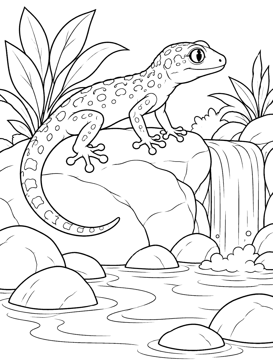 Profile view of a spotted gecko with rounded toe pads and a curved tail, perched on a broad rock beside a small waterfall, pool, and rounded stones.