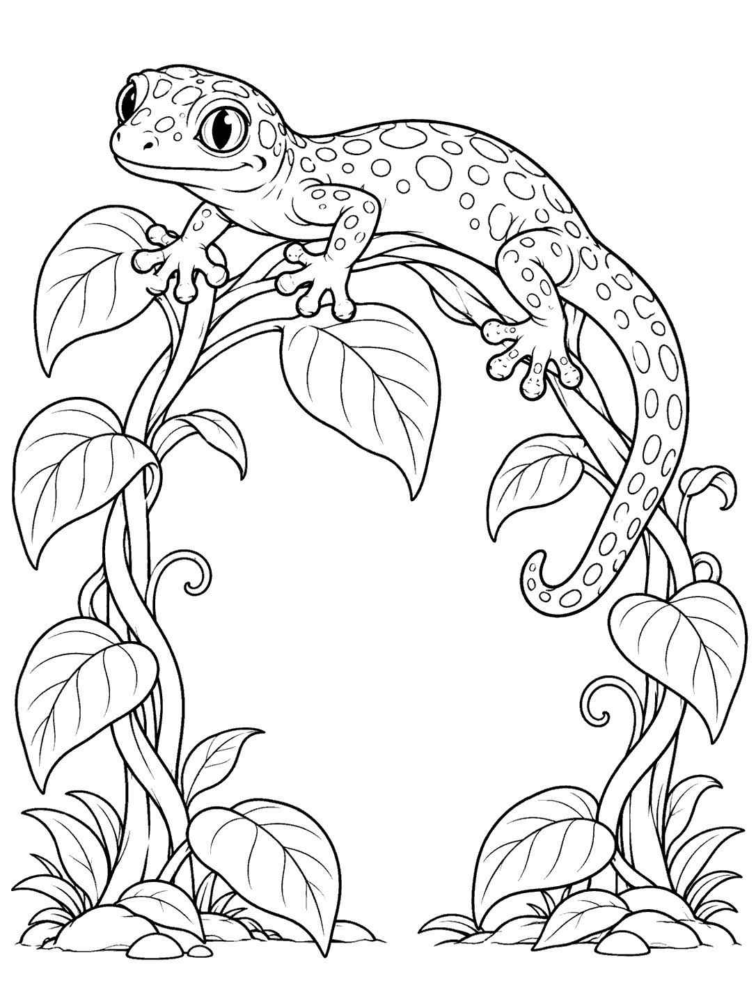 Spotted gecko with four splayed feet and a curved hanging tail climbing over an arch of leafy stems.