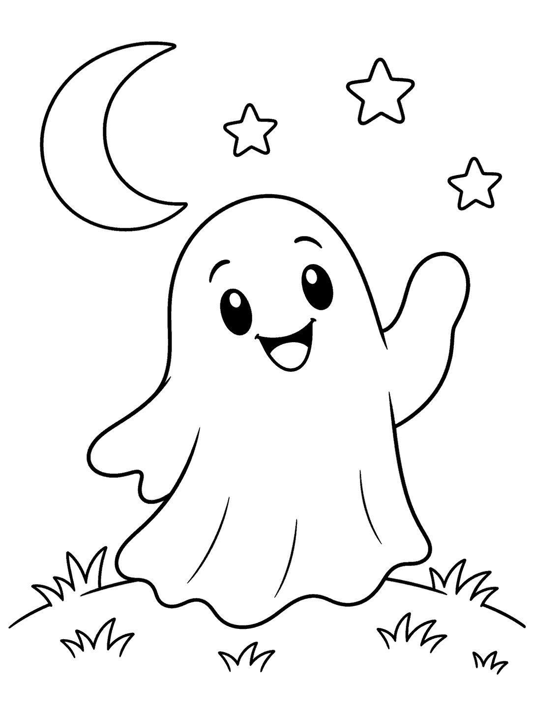 Smiling ghost waving on a grassy hill beneath a crescent moon and three stars