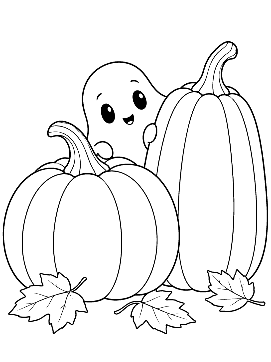Black line art of a smiling ghost peeking between a round pumpkin and a tall pumpkin, with leaves on the ground.
