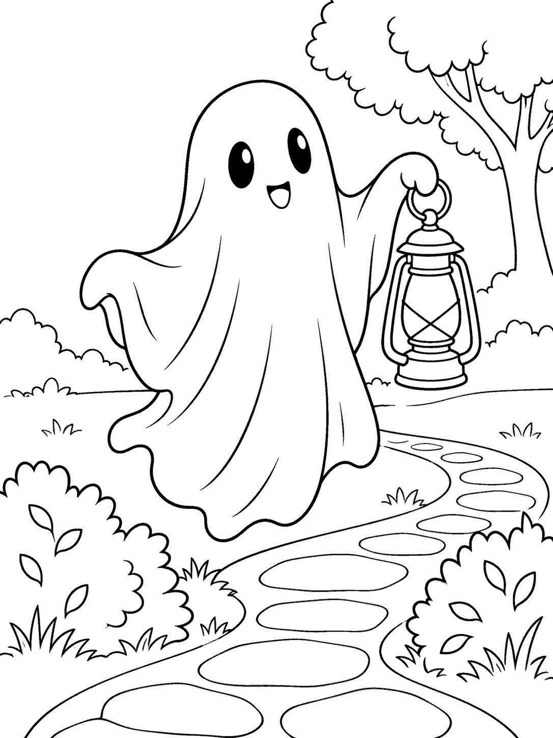 A smiling ghost holding an unlit lantern above a winding stepping-stone path, with bushes and a tree.