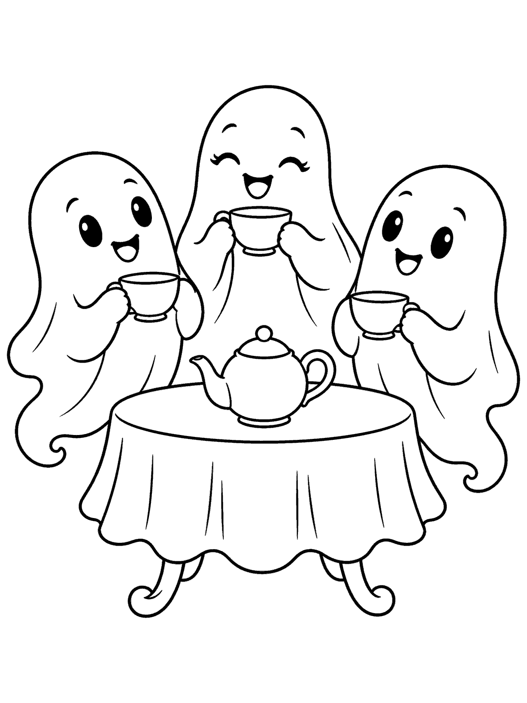 Three friendly ghosts holding cups around a round table with a teapot and tablecloth.
