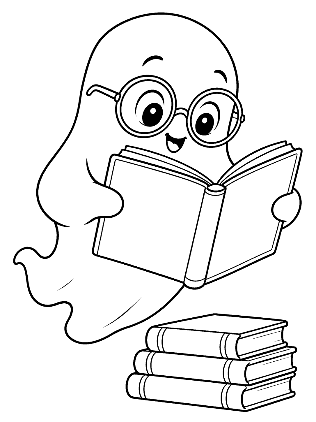 A friendly ghost wearing large round glasses reads a blank open book above three stacked books.
