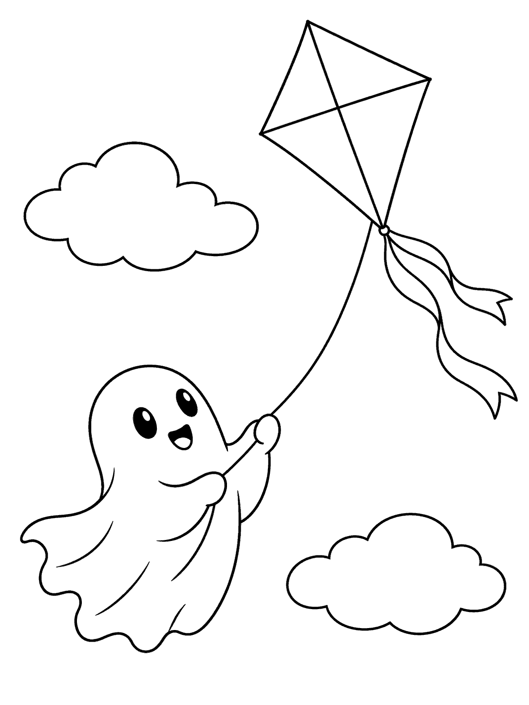 A floating ghost holding a long string attached to a large diamond kite with a ribbon tail, with two clouds nearby.
