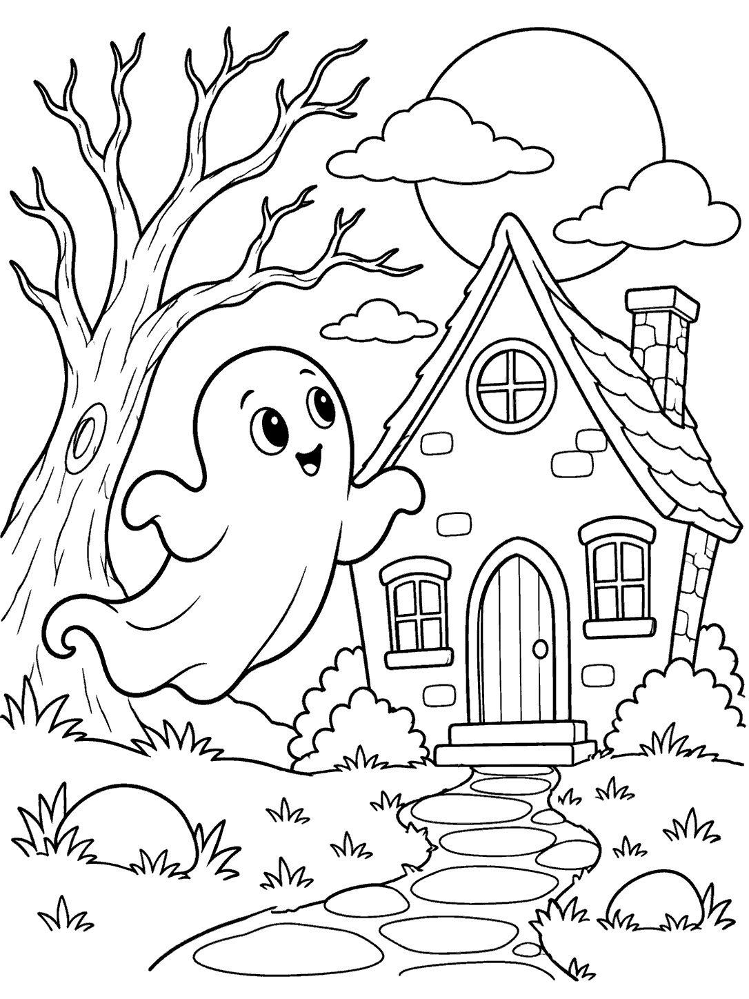A smiling ghost floats beside a crooked haunted house, with a bare tree, clouds, bushes, and a winding stone path.