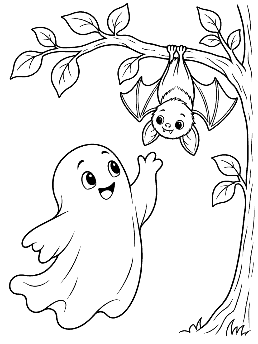 A friendly ghost reaches up to greet a small smiling bat hanging upside down from a leafy tree branch.