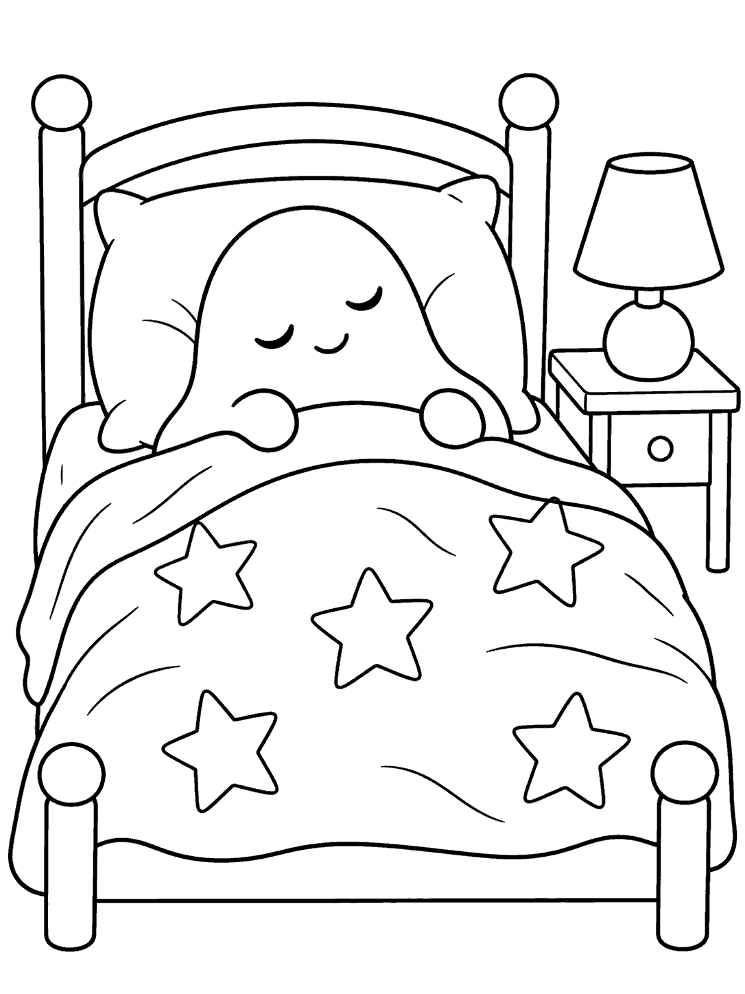 Sleepy ghost tucked into a star-covered bed beside a bedside lamp