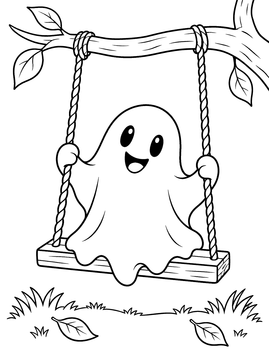 A smiling ghost seated on a plank swing suspended from a leafy branch, above a small patch of grass.