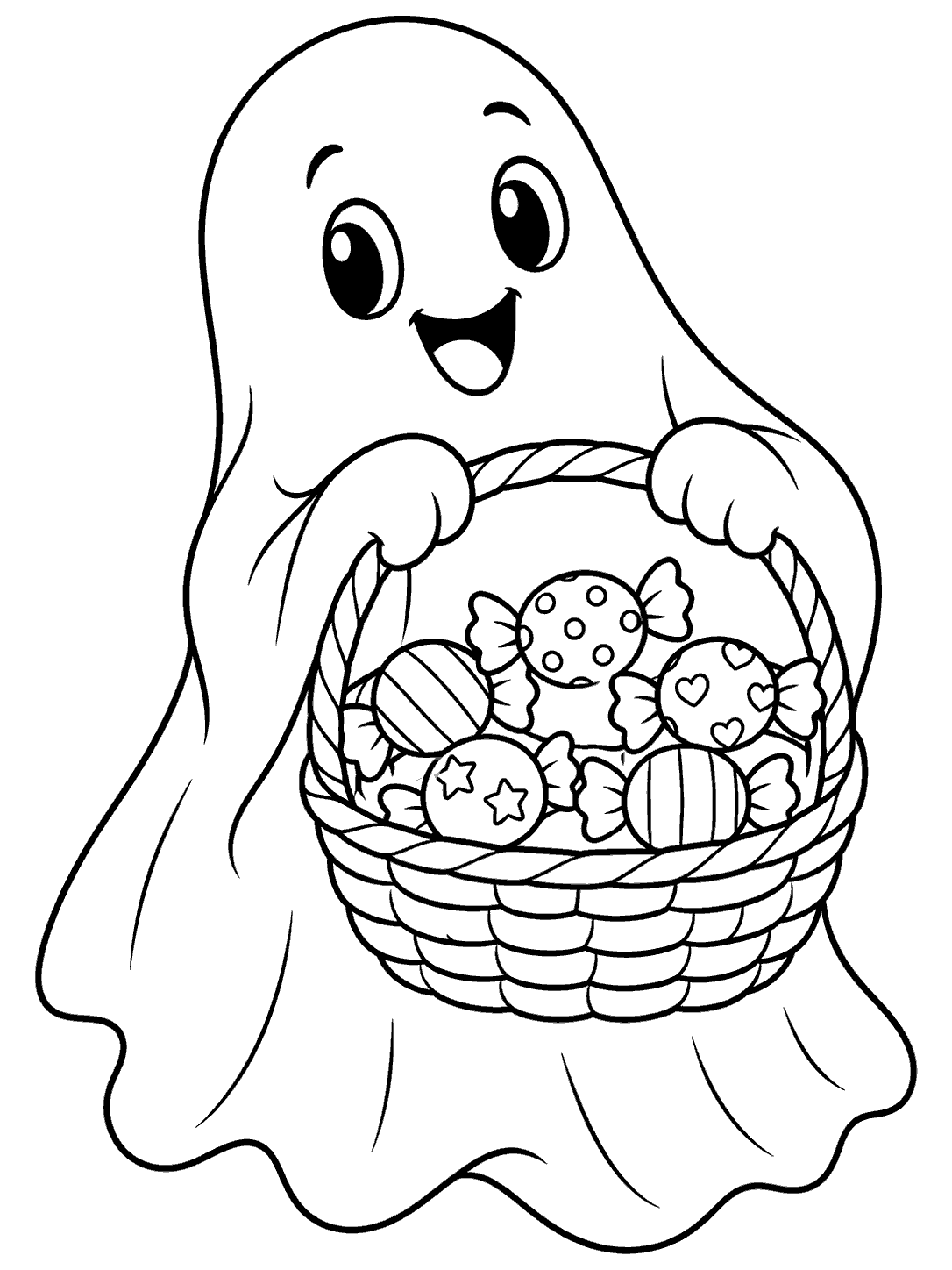 A friendly ghost holding a handled basket with five wrapped candies.