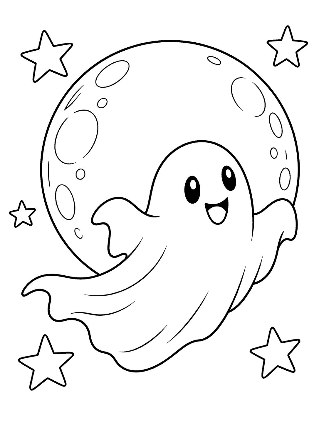 A smiling ghost floats in front of a large outlined moon, surrounded by four stars.