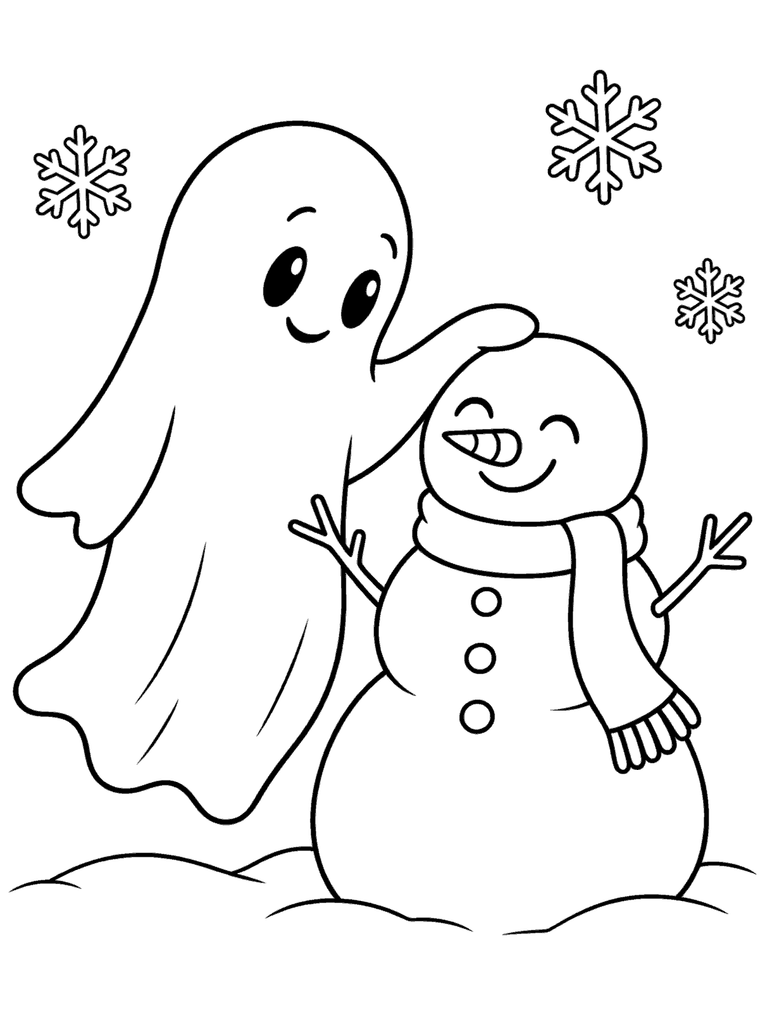A smiling ghost gently pats a three-ball snowman wearing a scarf, with a few snowflakes around them.