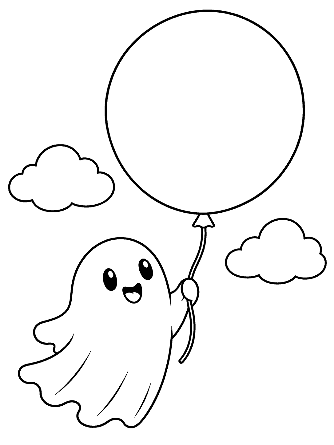 Smiling floating ghost holding the string of a large round balloon beside two clouds