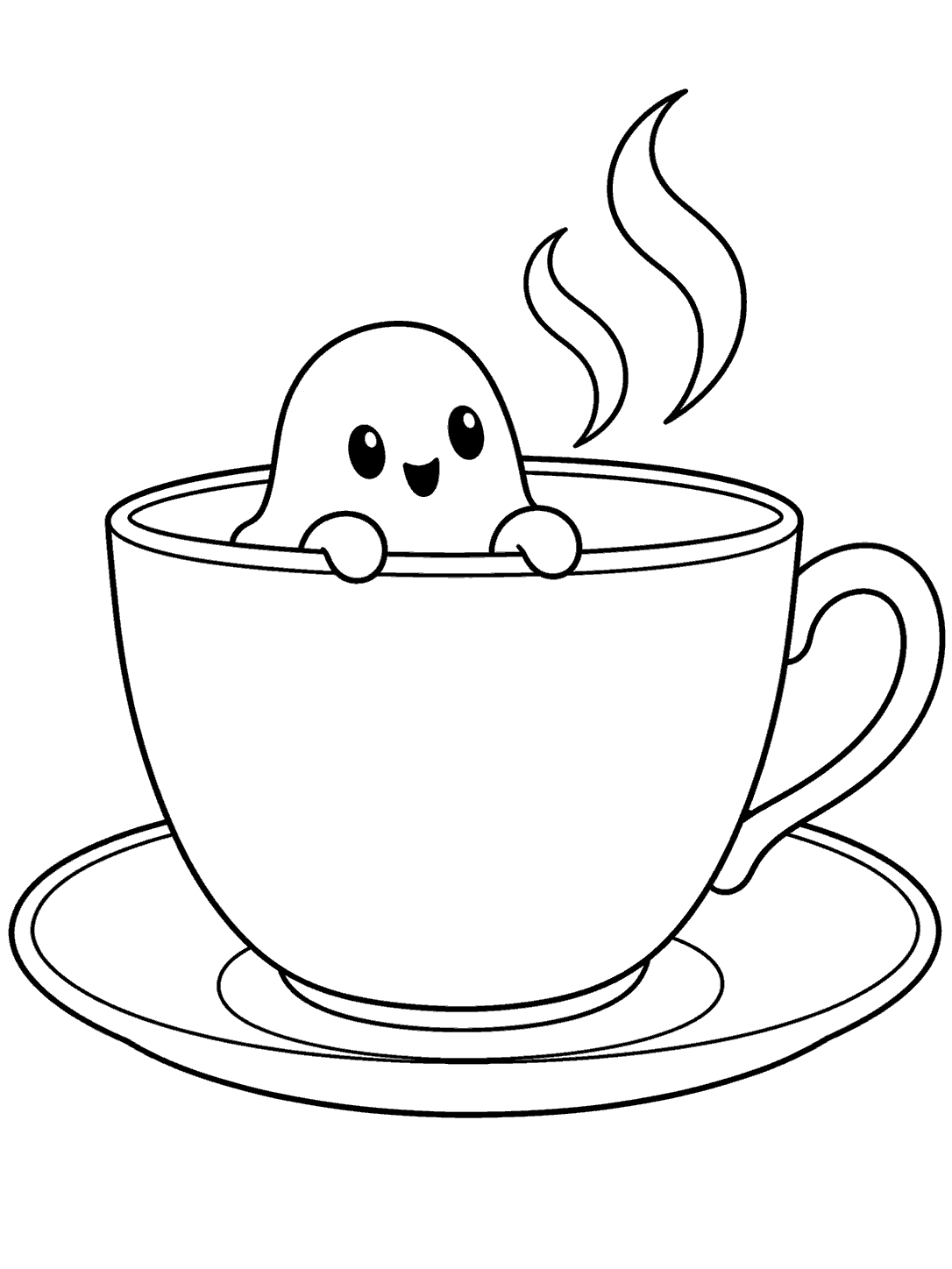A smiling little ghost peeking from a large plain teacup on a saucer, with two curling steam lines.