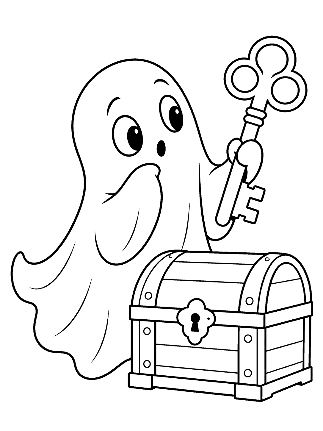 A curious ghost holding an oversized ornate key beside a small closed treasure chest