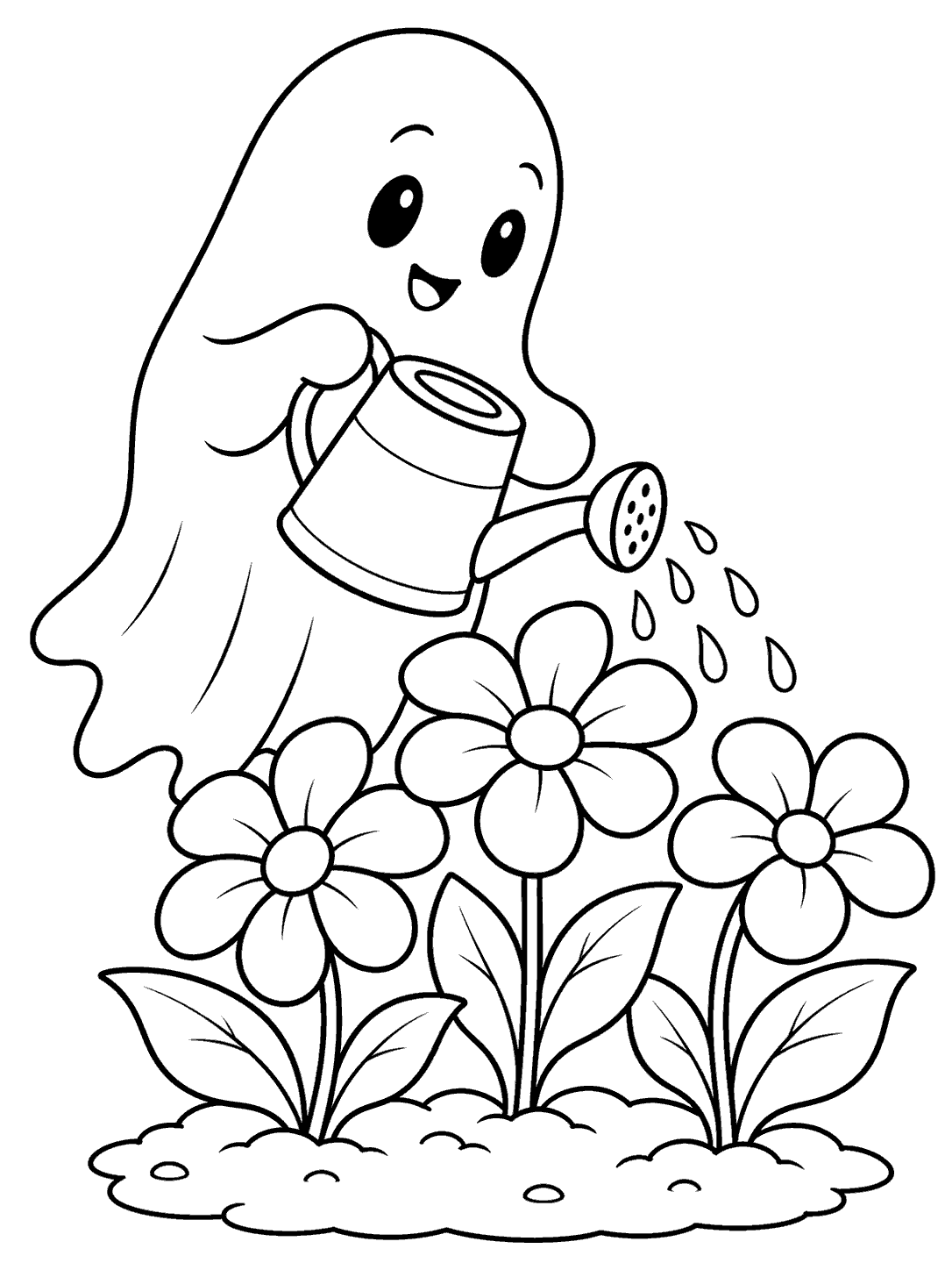 A smiling ghost with a watering can tends three large flowers with broad petals and leaves above a small patch of soil.