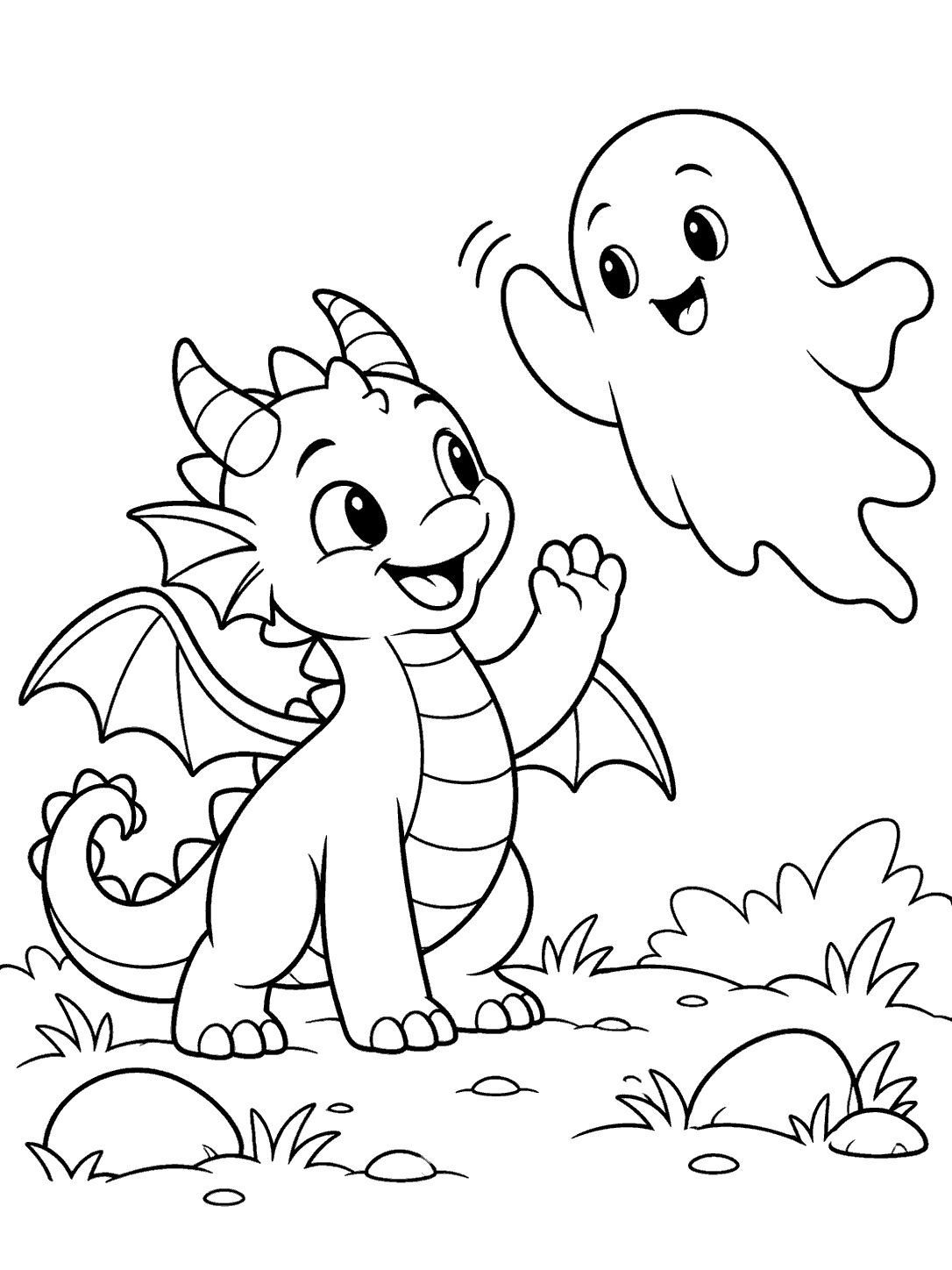 Small friendly dragon waving at a smiling ghost in a grassy scene