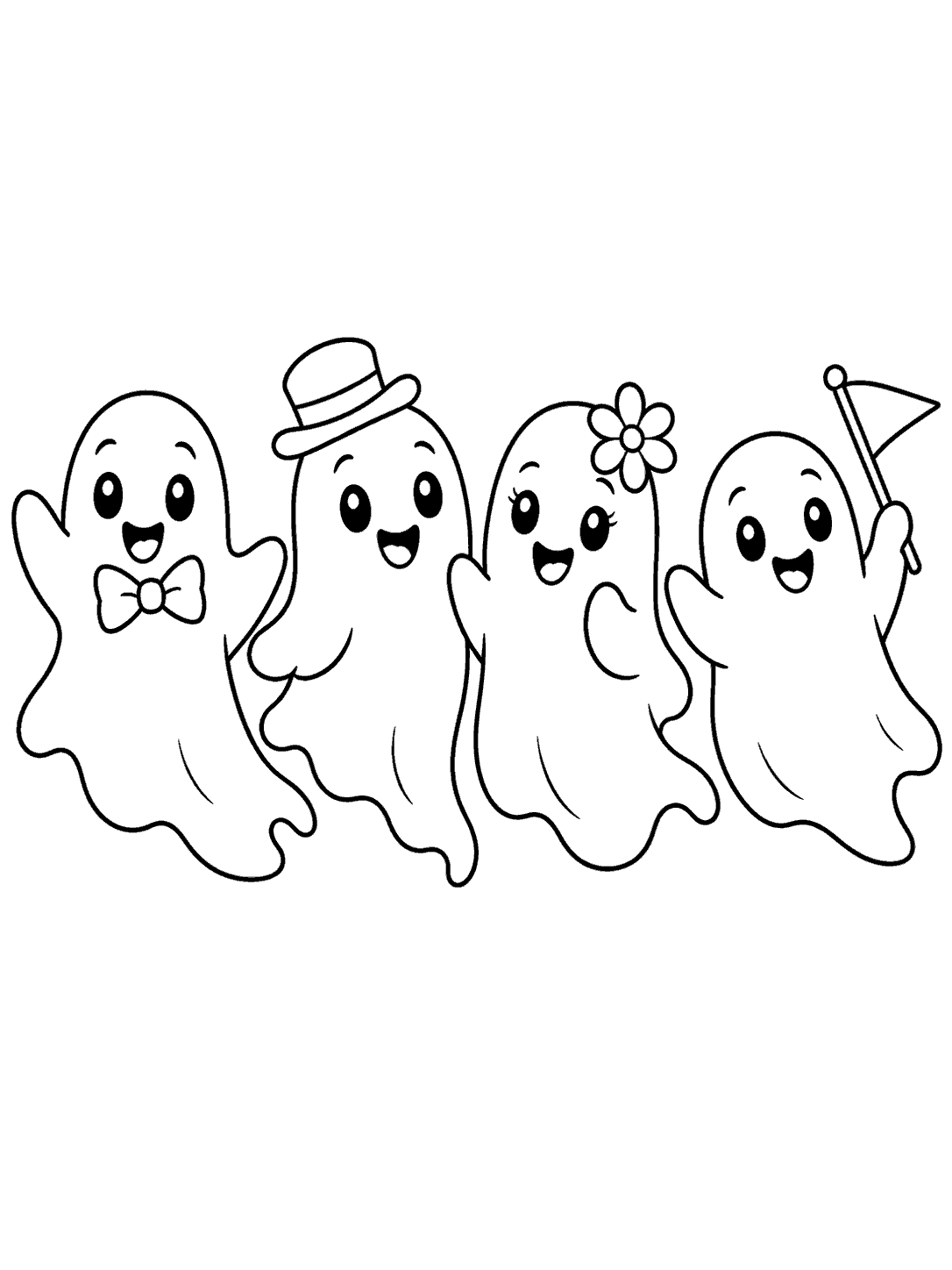 Four friendly ghosts in a horizontal parade, each with a distinct accessory: a bow tie, hat, flower, or pennant.