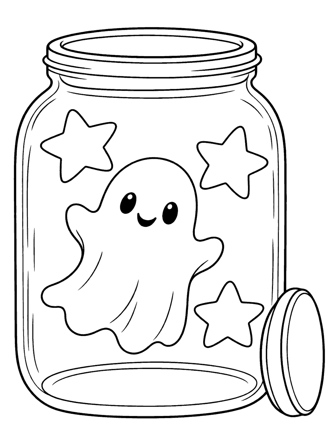 Smiling ghost and three stars inside a large jar with its lid resting beside it