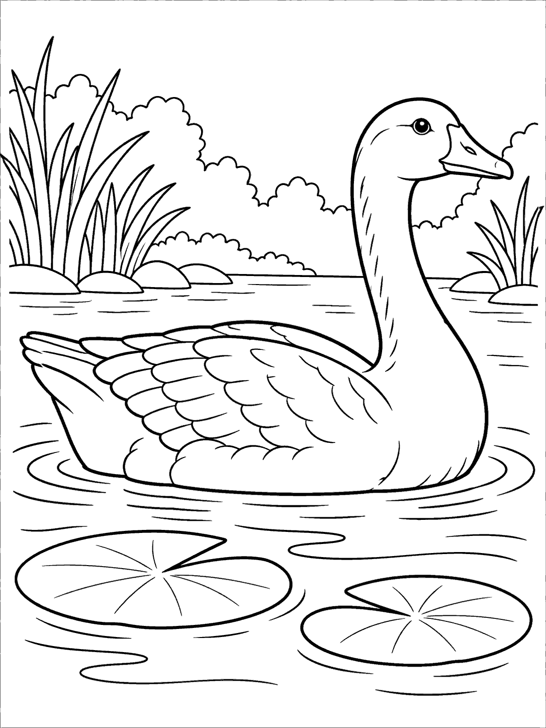 Adult goose gliding on a pond with two lily pads and ripples