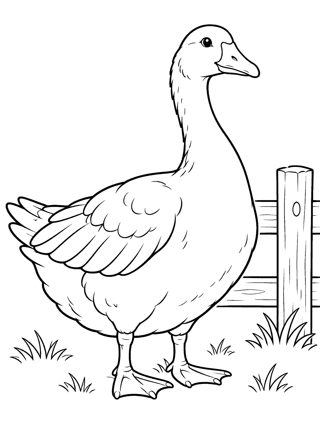 Bold black outline of a large farm goose standing beside a wooden fence post, with sparse grass tufts on a white background.