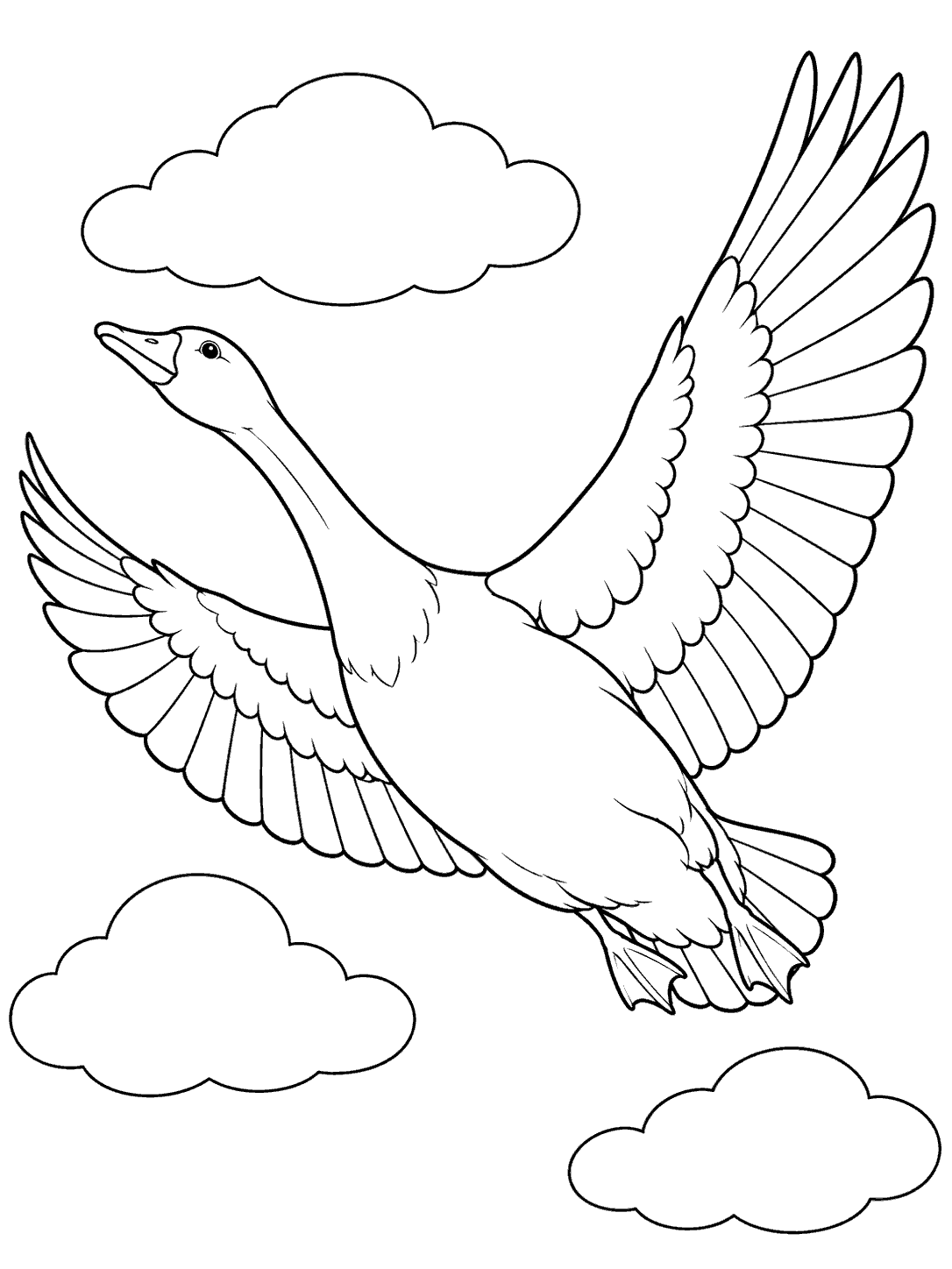 Goose flying with fully spread wings and three simple cloud outlines