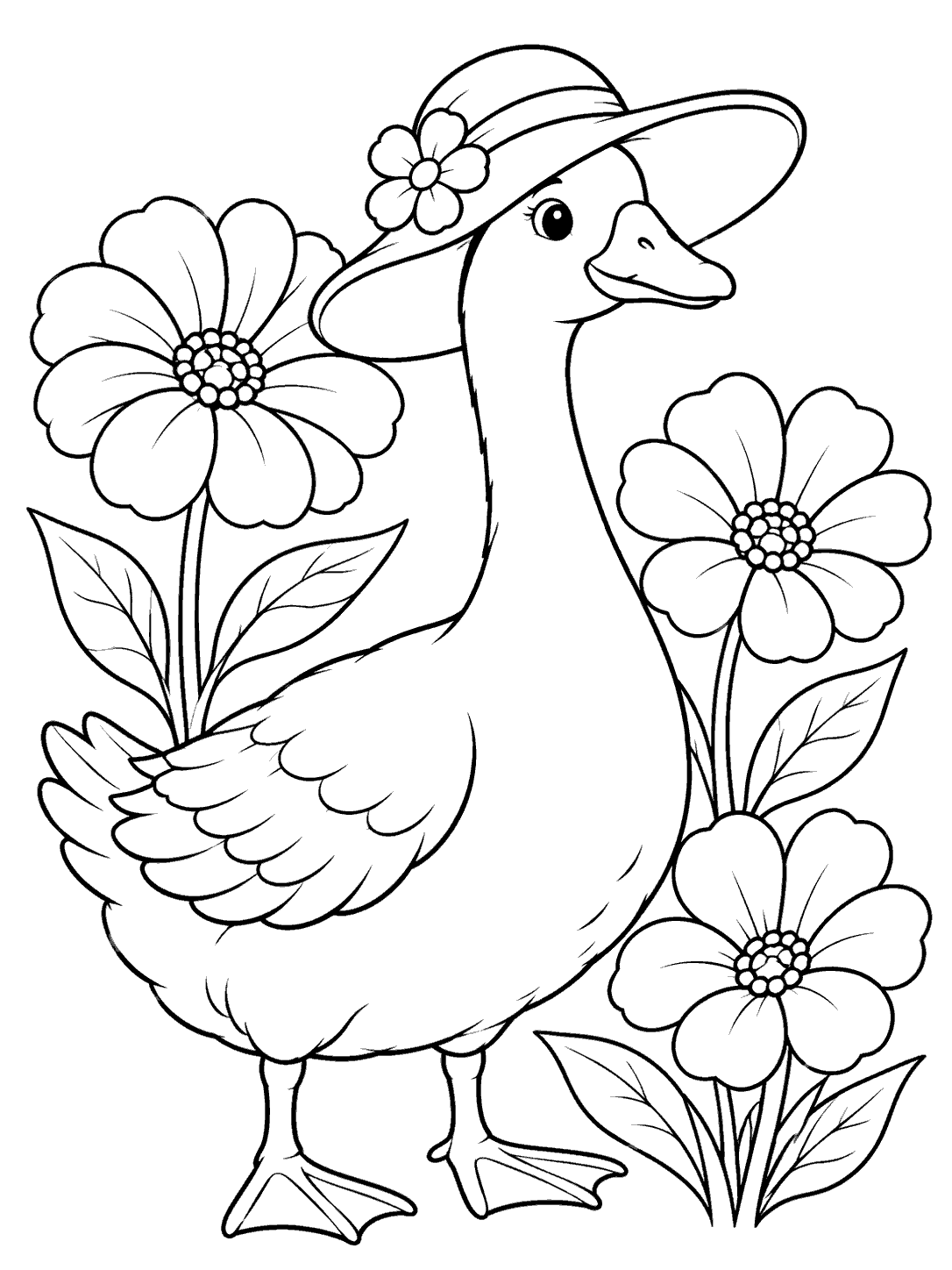 Standing goose in a broad-brimmed sunhat surrounded by three large flowers, in black outline on white.