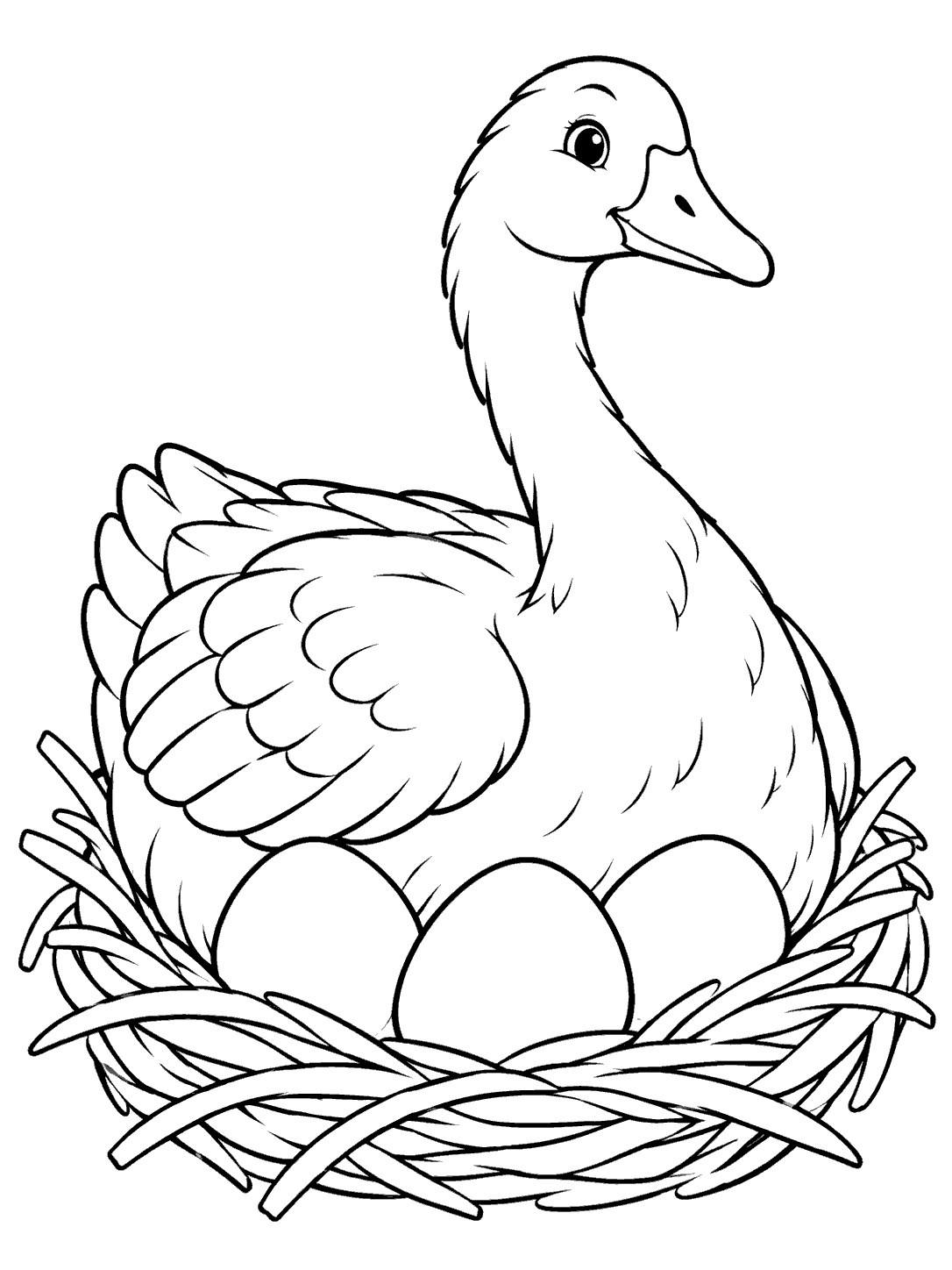 A goose resting in a straw nest with three large eggs in front.
