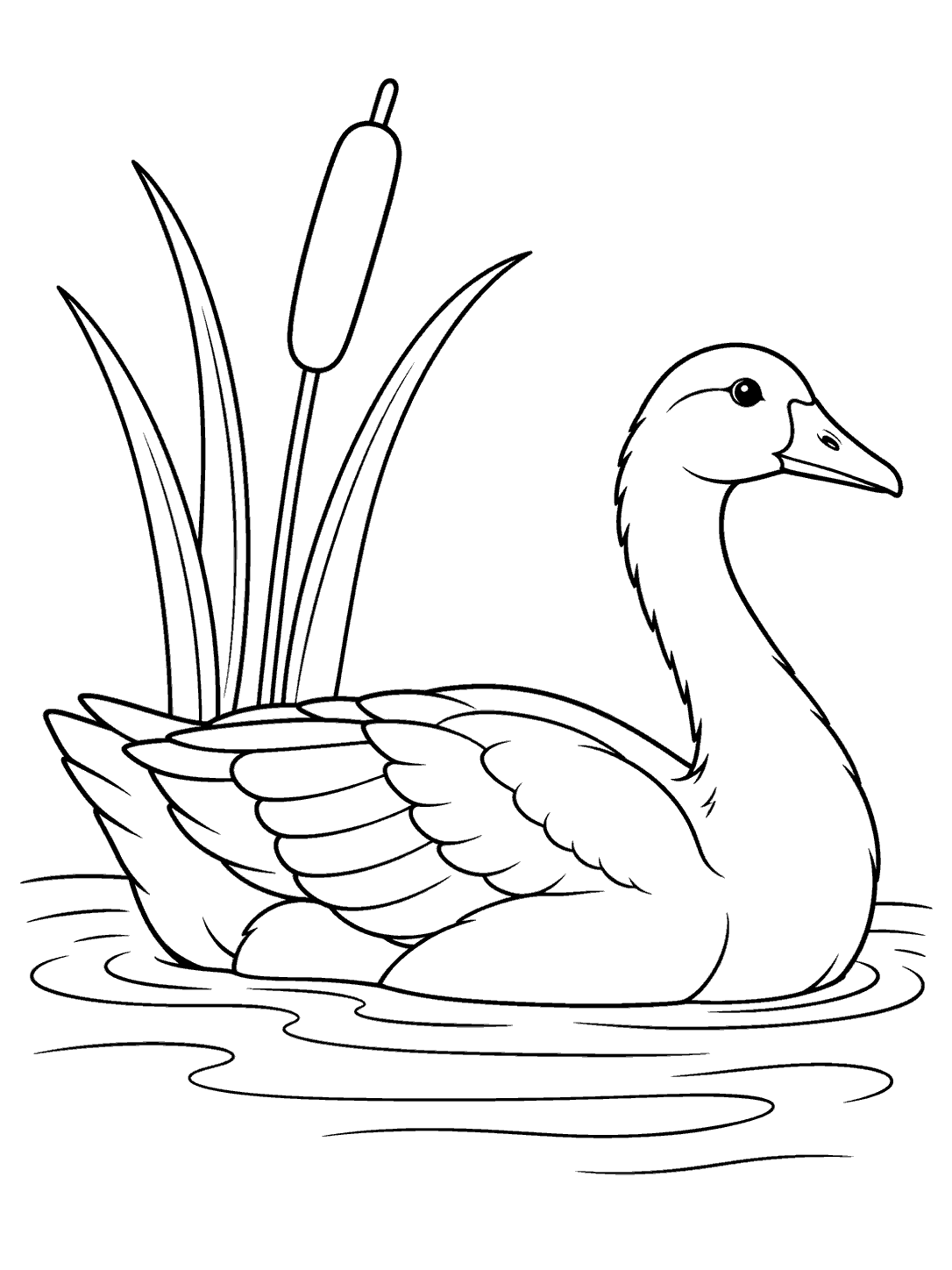 Swimming goose passing tall marsh reeds and a cattail, with curved water lines beneath