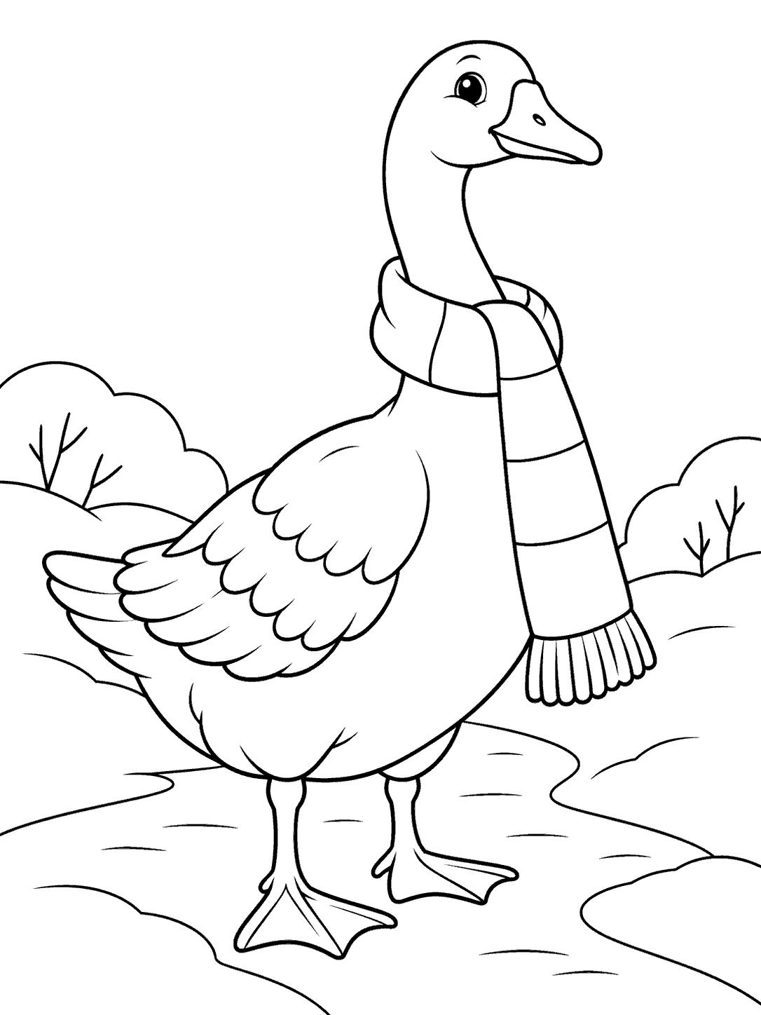 Standing goose wearing a long striped scarf on a snowy path with rounded snow mounds.
