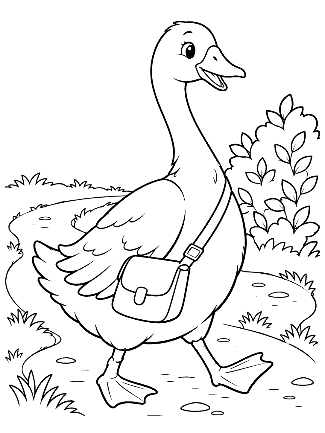 Black-and-white coloring page of a smiling goose with a crossbody satchel walking along a curving path beside a leafy shrub.