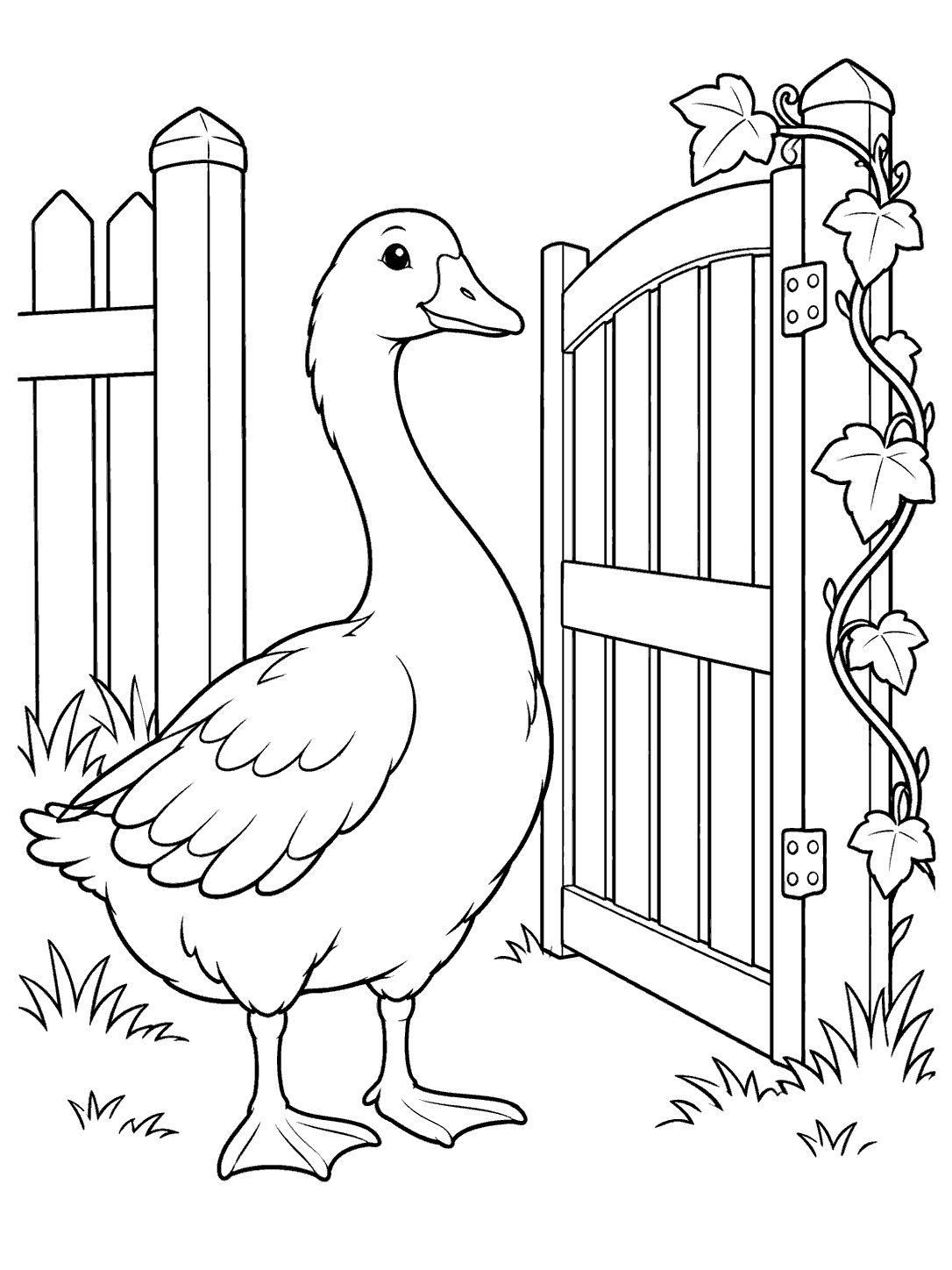 Goose beside an open garden gate, with a leafy vine curling around the gatepost.