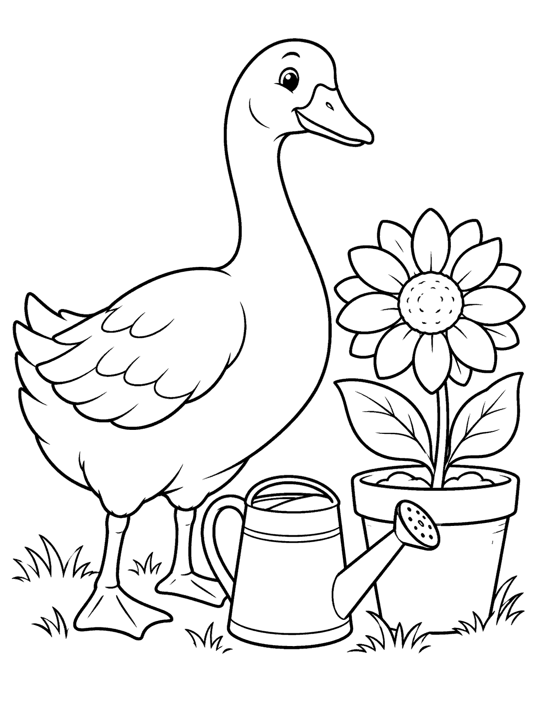 A line-art goose beside a watering can and a flowerpot with a large flower.
