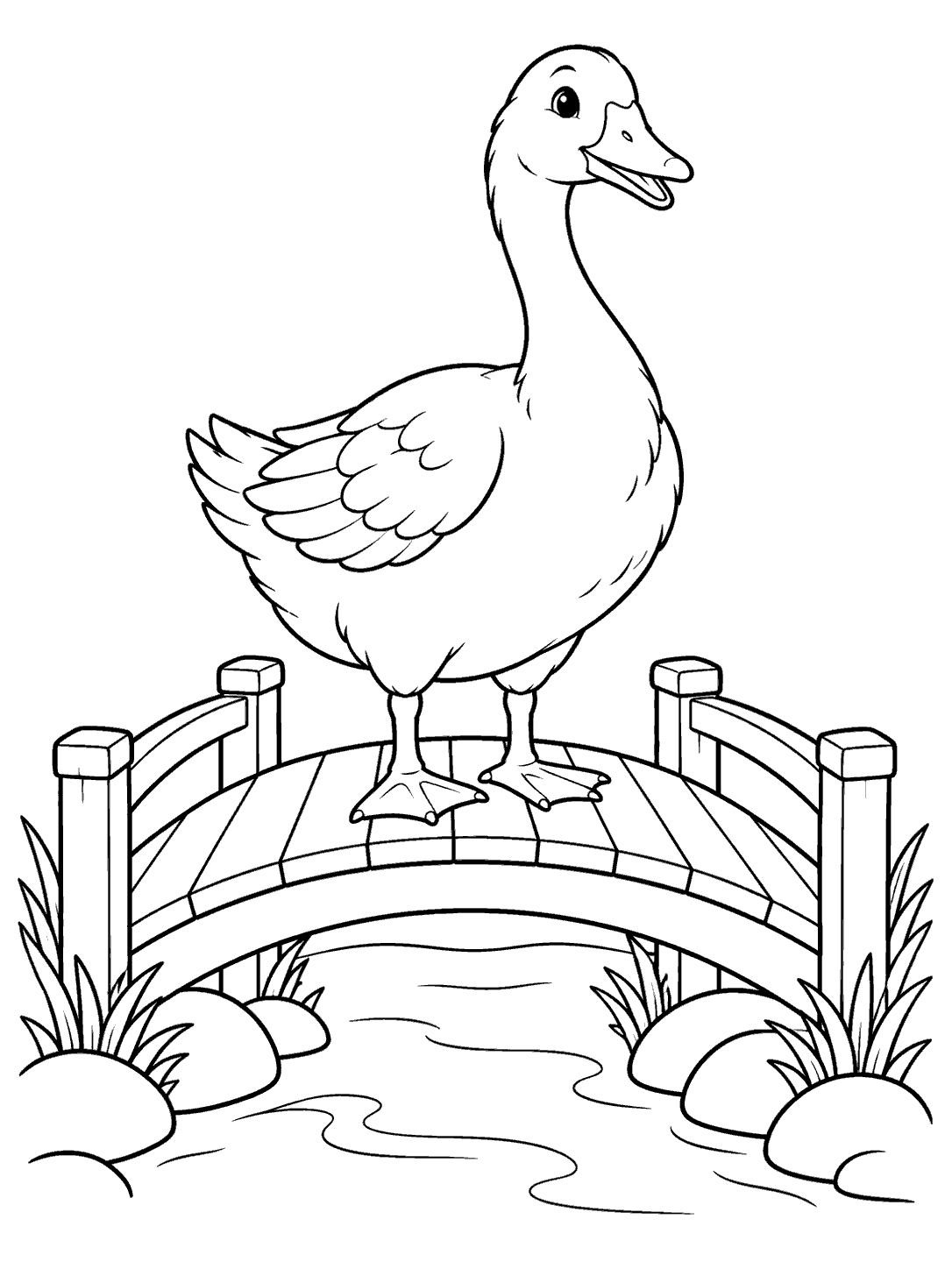 A cheerful goose stands on a small arched footbridge above a winding stream, with rocks and grass along the banks.