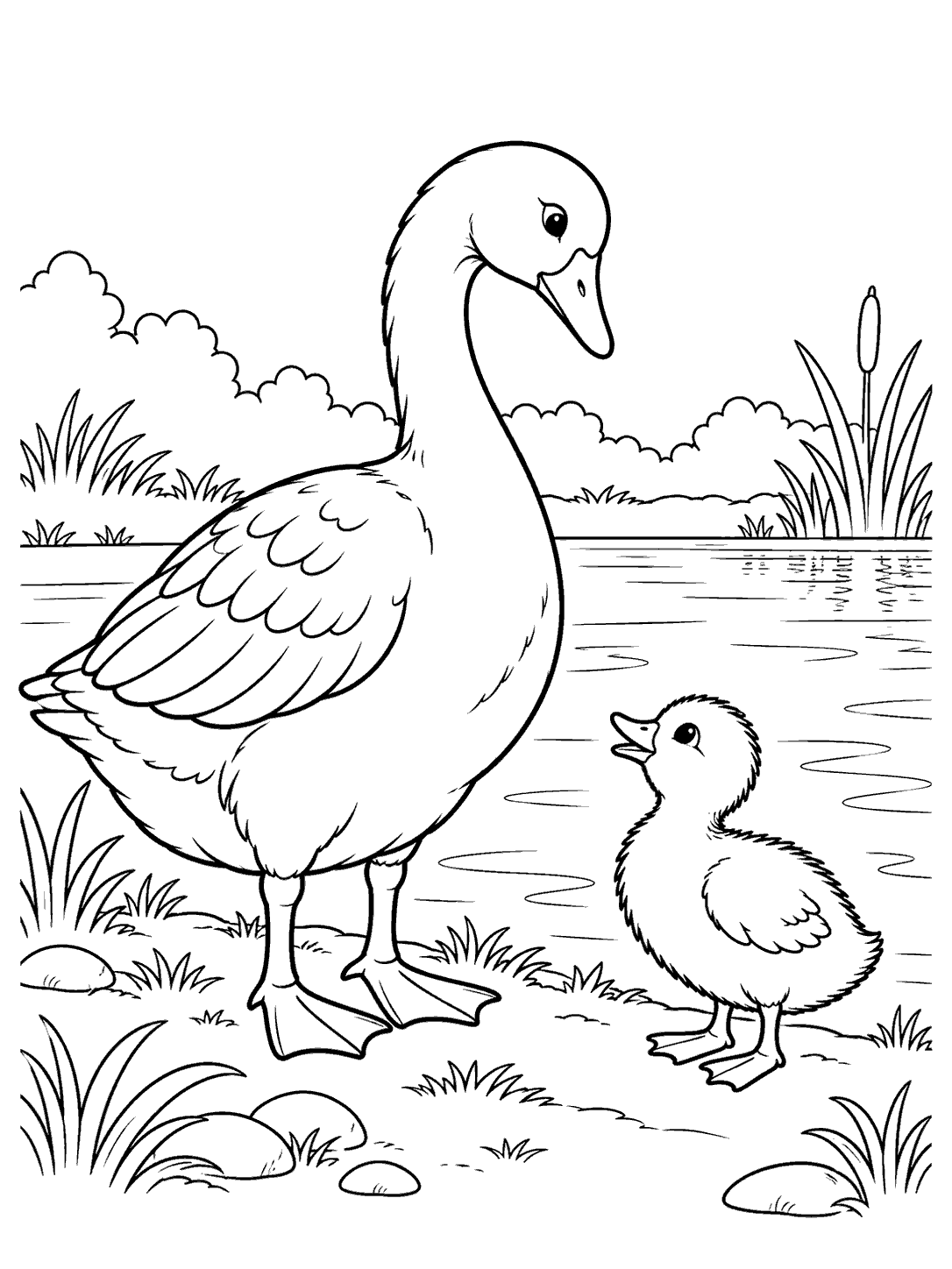 Goose beside one duckling at the pond edge