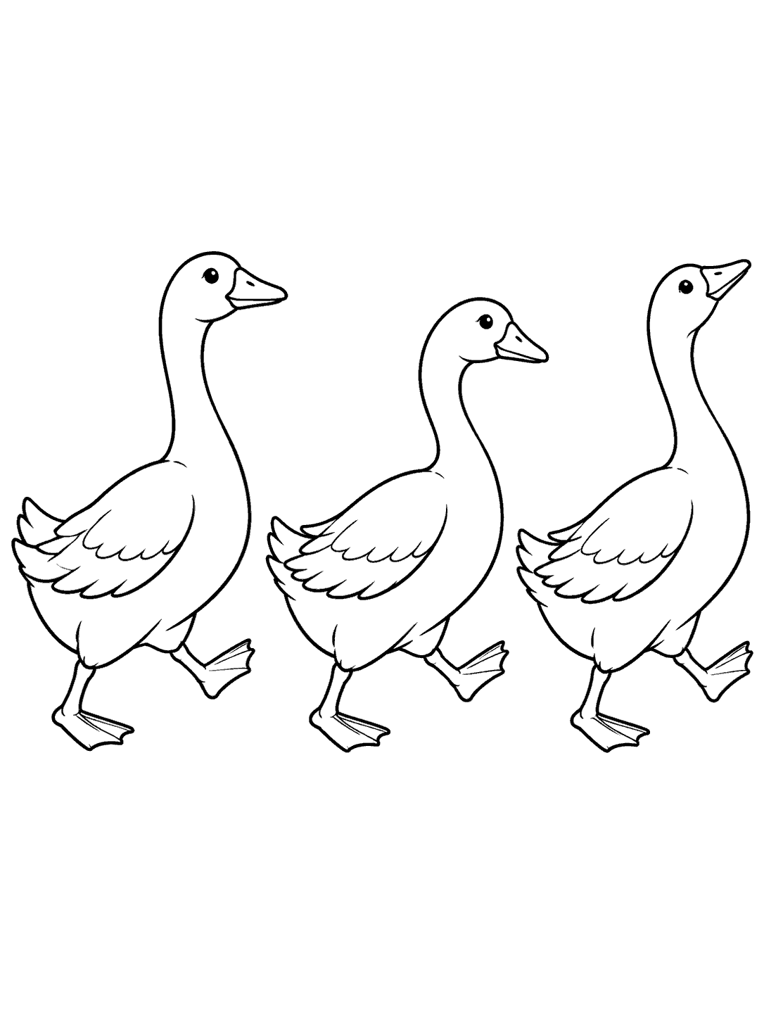 Three geese marching in a line, each with one foot lifted.