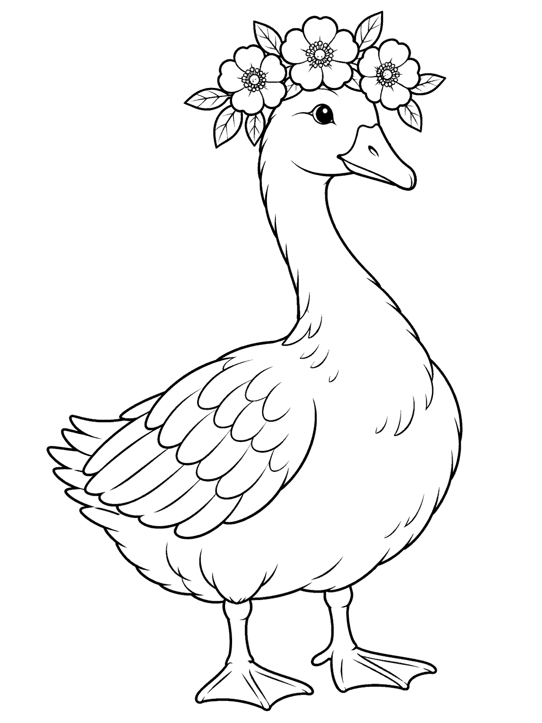 Standing goose wearing a crown of three flowers and leaves
