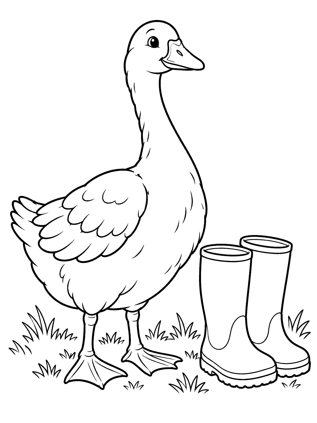 Black-outline goose standing beside two garden boots on grass