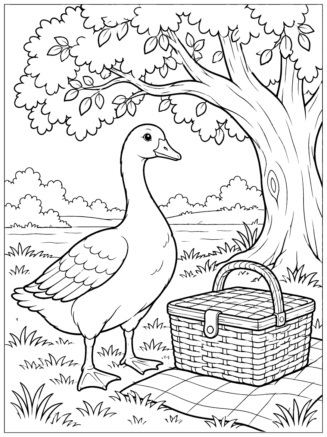 Black-and-white coloring page showing a goose beside a closed picnic basket on a blanket corner beneath a broad-canopied tree.