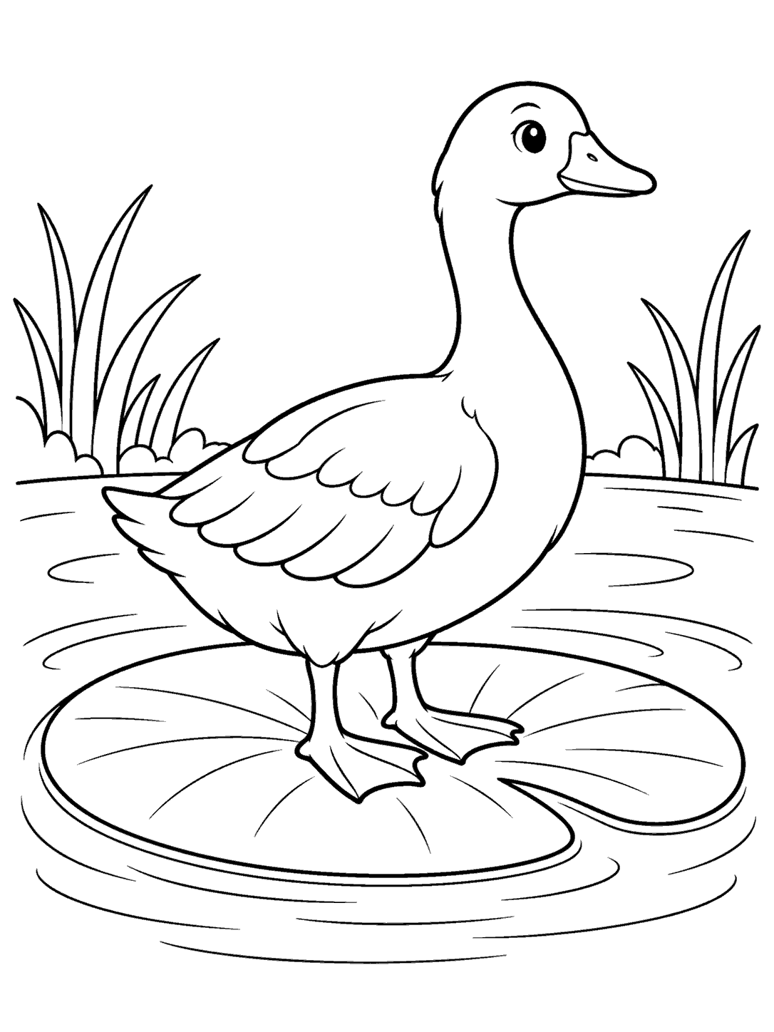 A large-eyed goose standing on an oversized lily pad, surrounded by pond ripples and reeds.