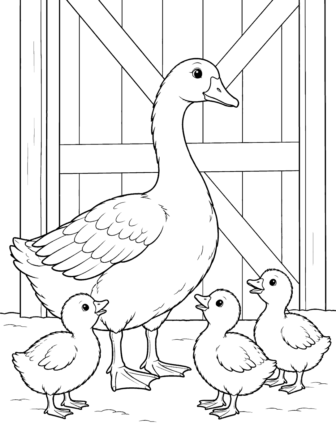 One adult goose with three goslings in front of a large barn door.
