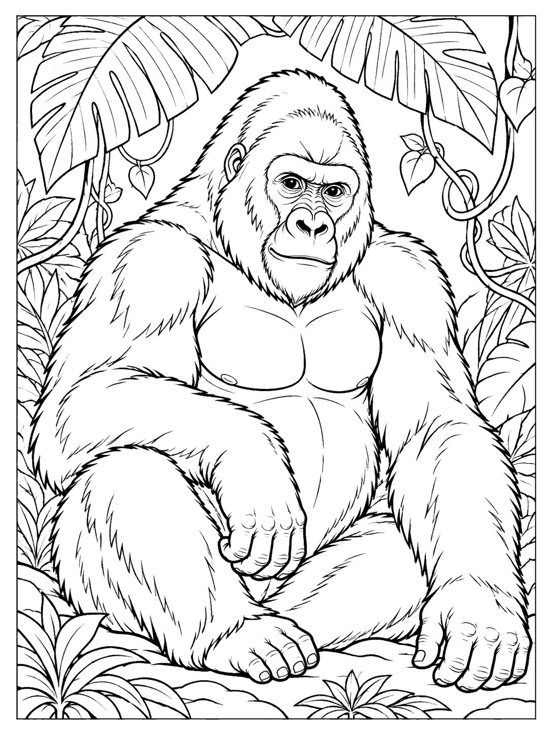 Seated gorilla surrounded by tropical leaves and curling vines