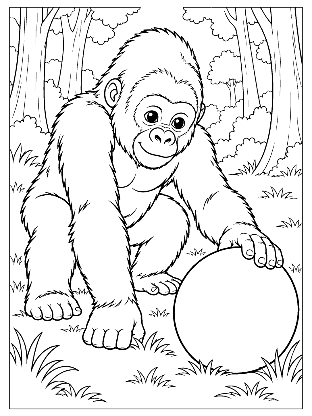 A young gorilla crouches beside a large ball among grass and trees.