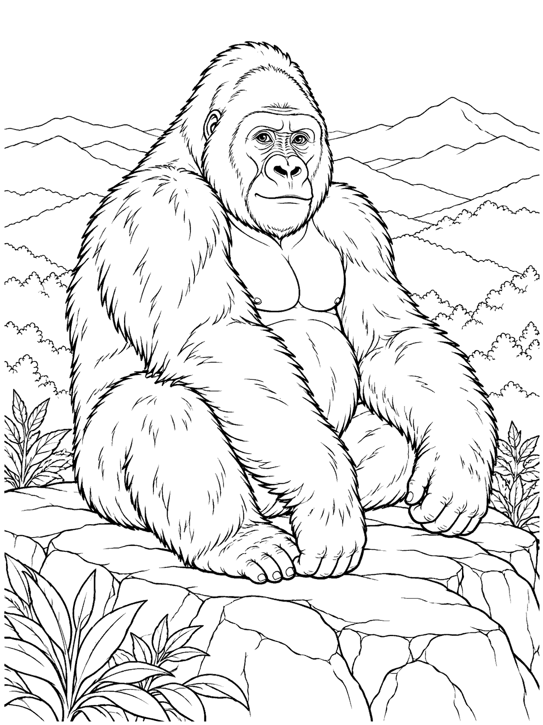 Mountain gorilla resting on a rocky ledge with distant hills and sparse plants