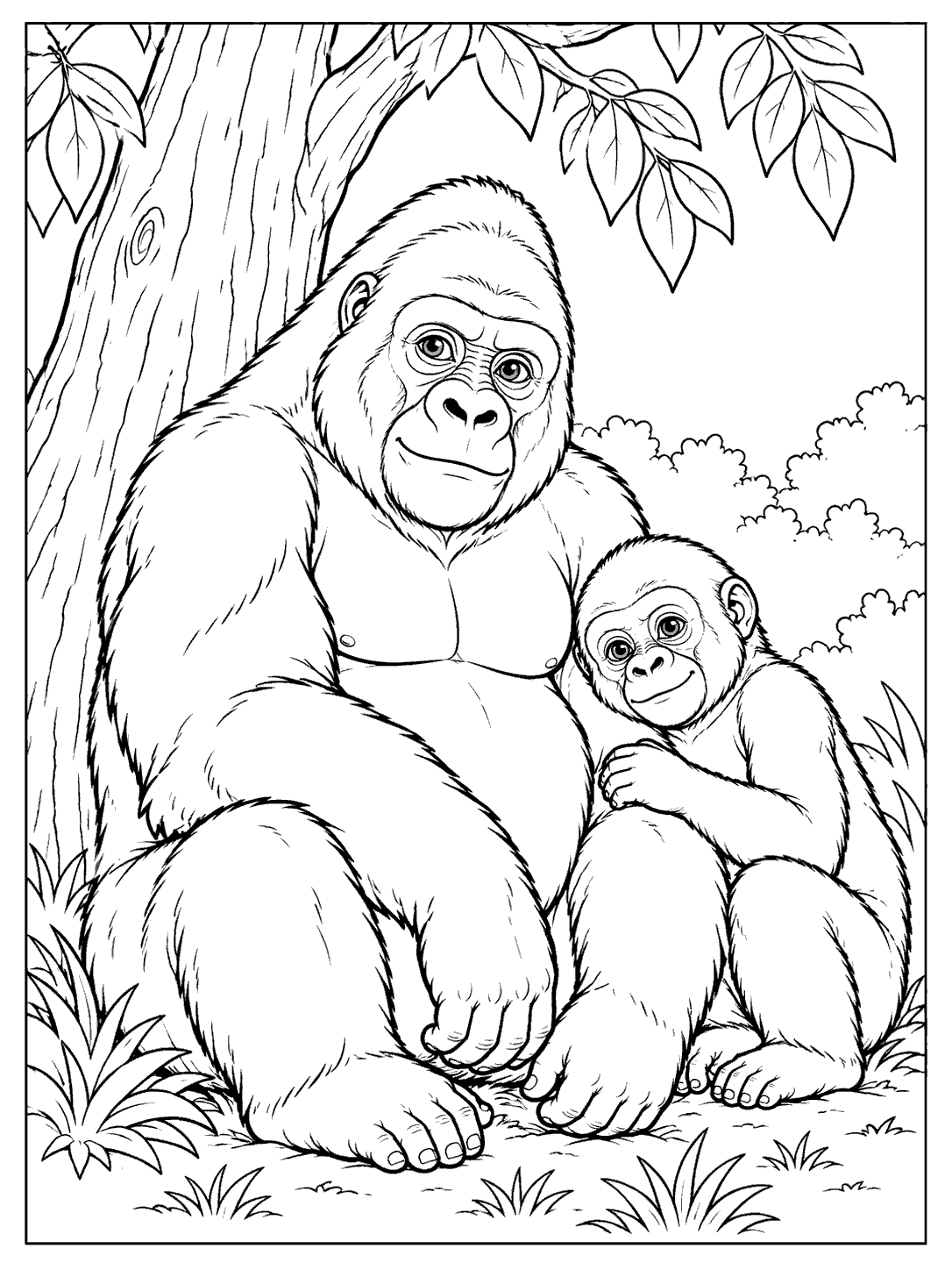 Seated adult gorilla with a young gorilla leaning against its side beside a tree