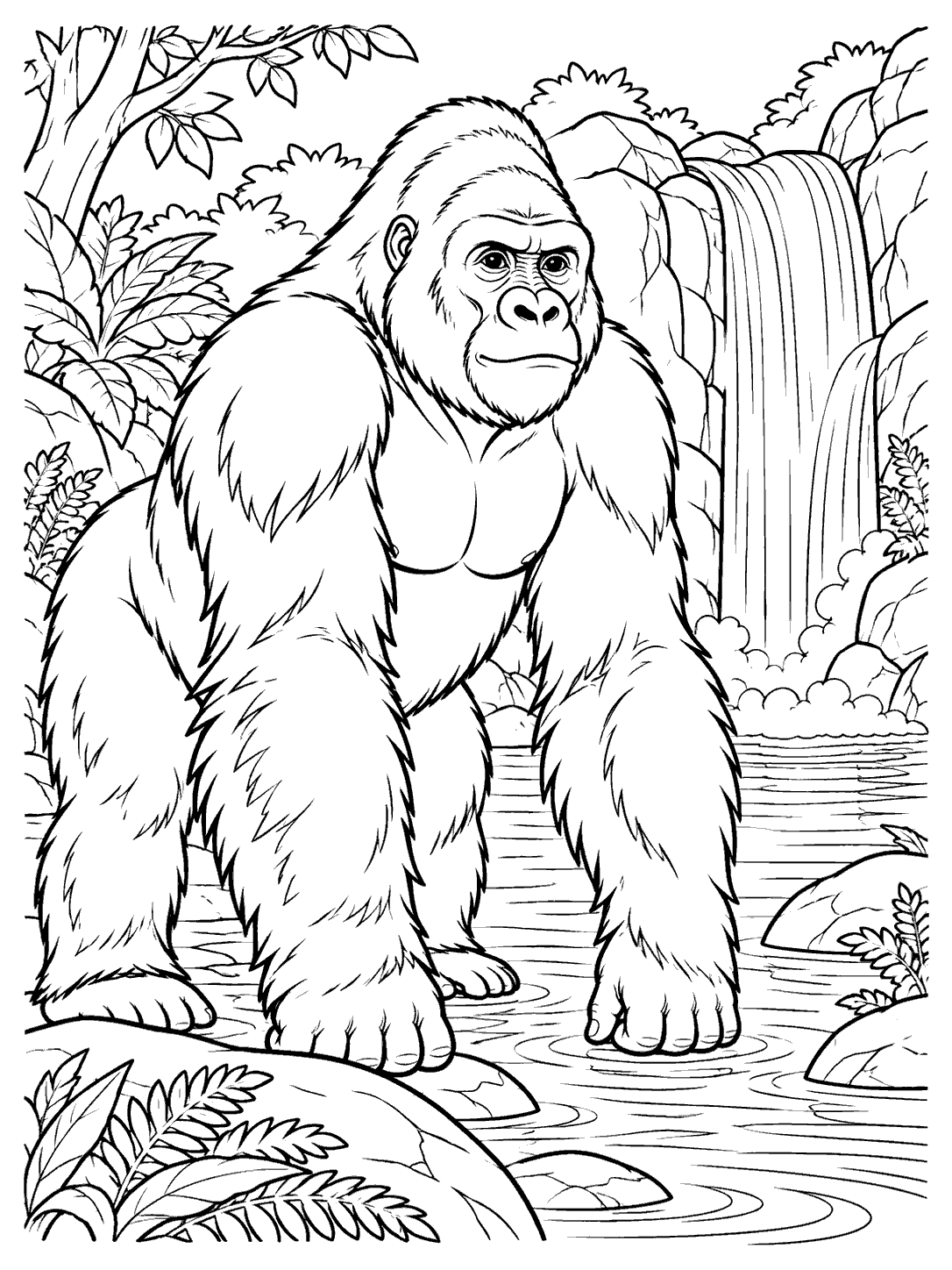 Standing gorilla wading in a shallow pool beside a waterfall, rocks, ferns, and leafy trees.