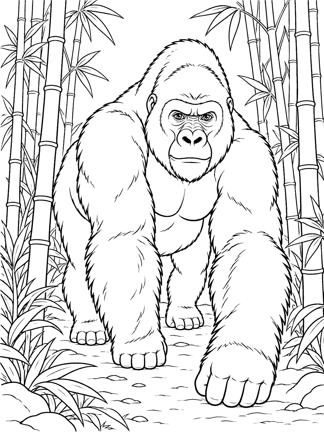 A gorilla walking on all fours along a path between segmented bamboo stalks and scattered leaves.