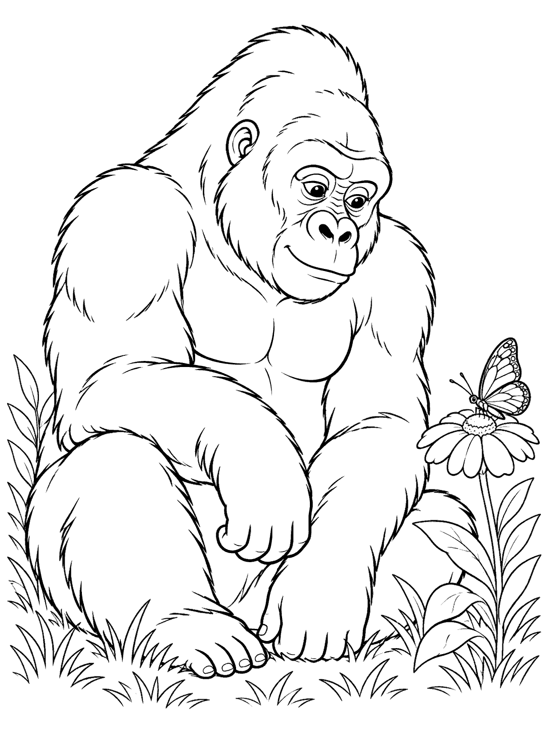 Seated gorilla observing a butterfly perched on a flower, surrounded by simple plants and grass