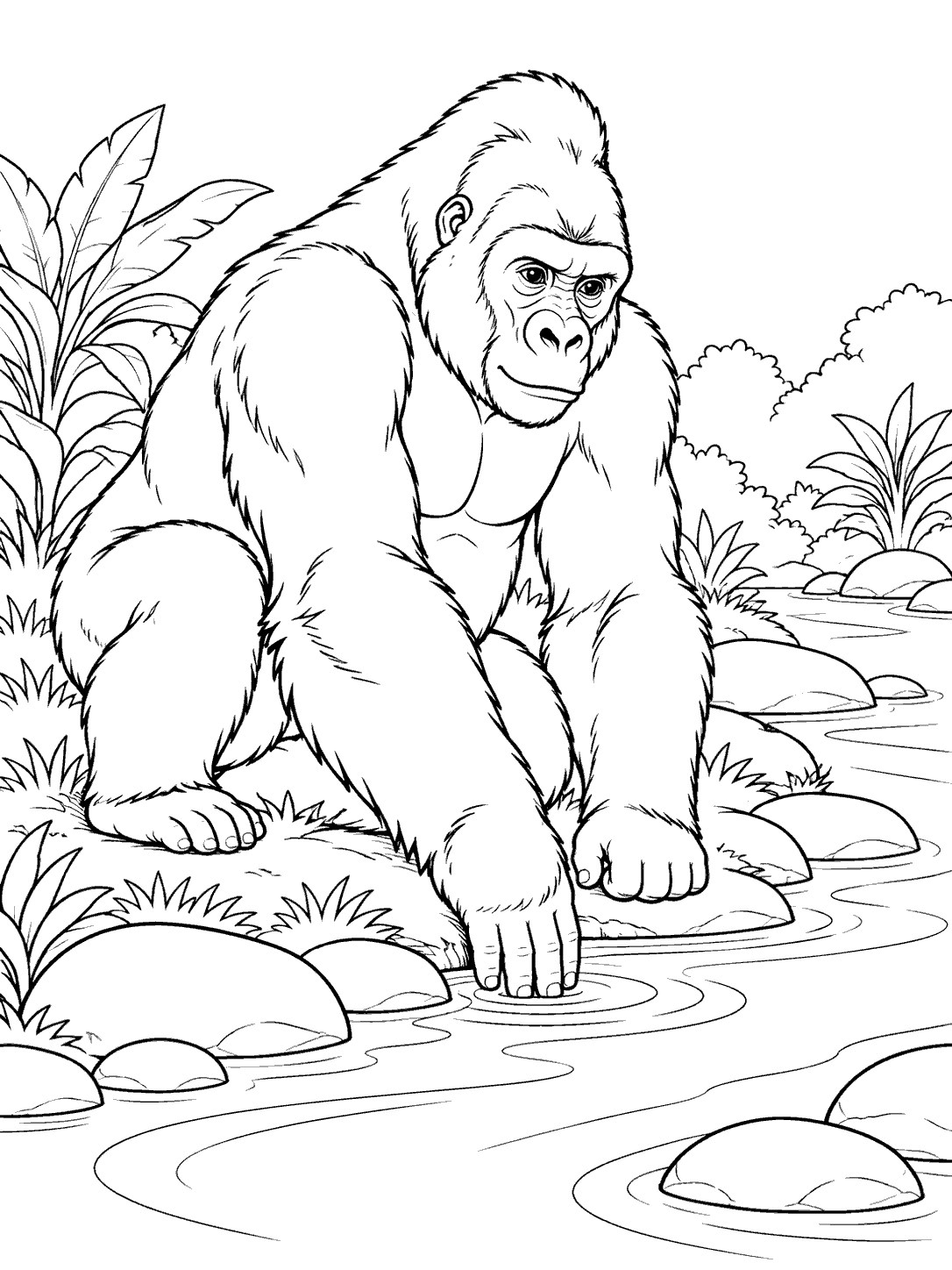 A gorilla kneeling beside a winding stream with its hand in the water, surrounded by outlined stones and plants.