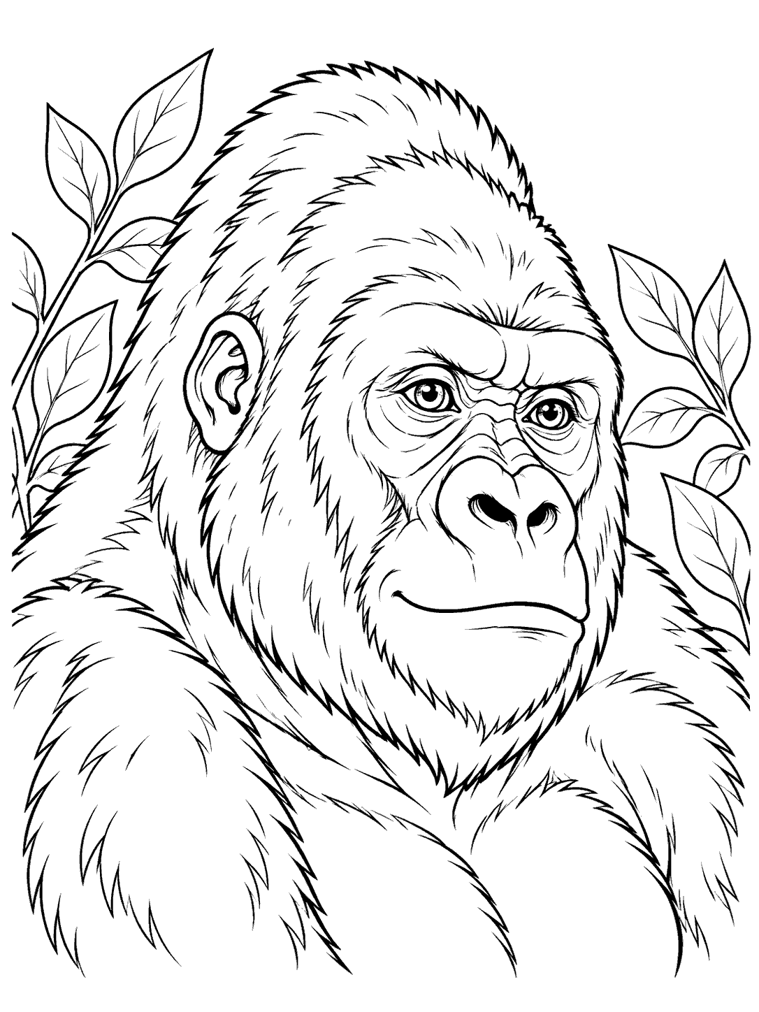Close-up portrait of a gorilla with leafy branches around its head and shoulders.